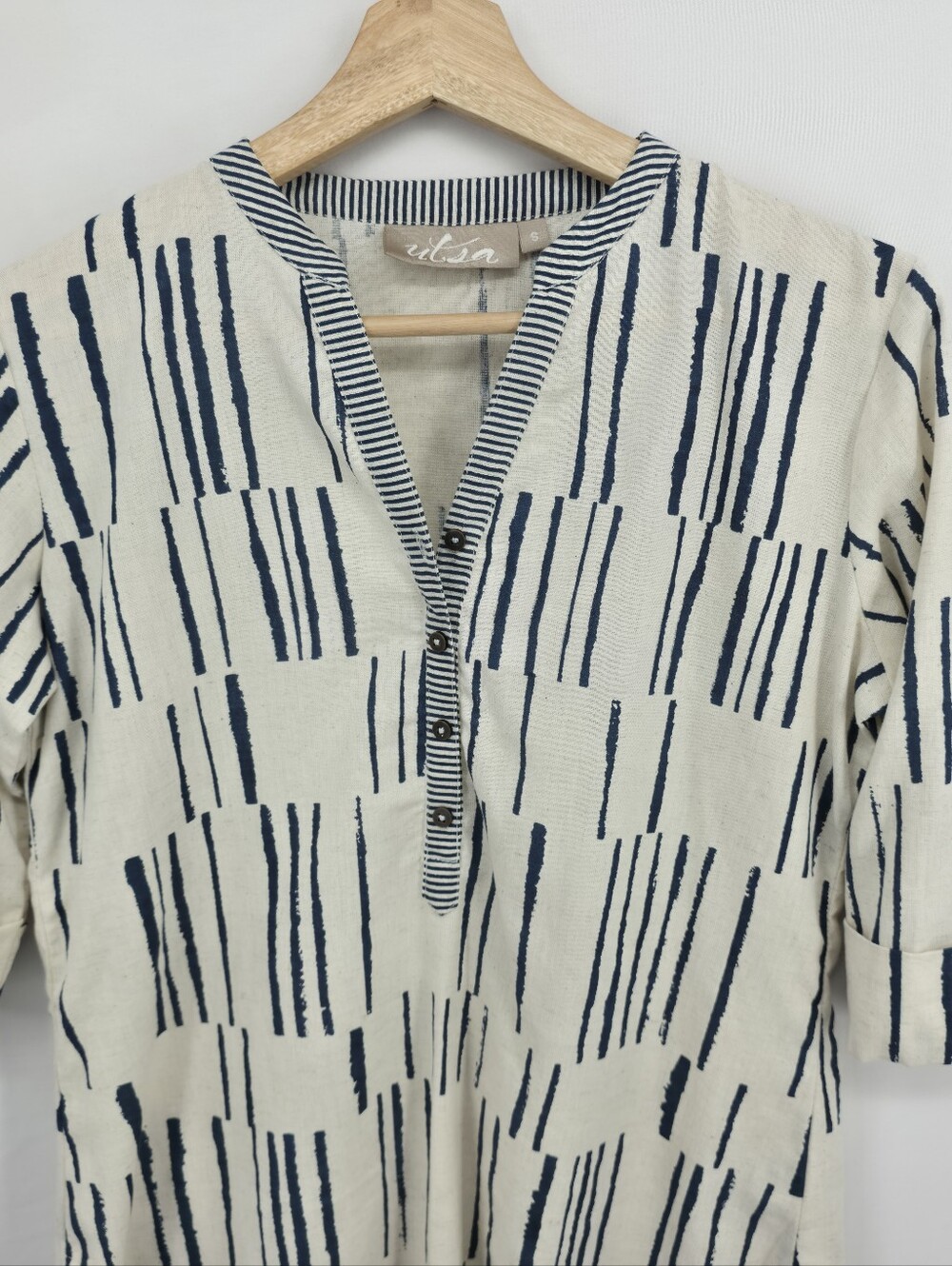 Utsa Cotton Linen Blend Coastal Lagenlook Abstract Tunic Hi Low Small - Picture 4 of 15